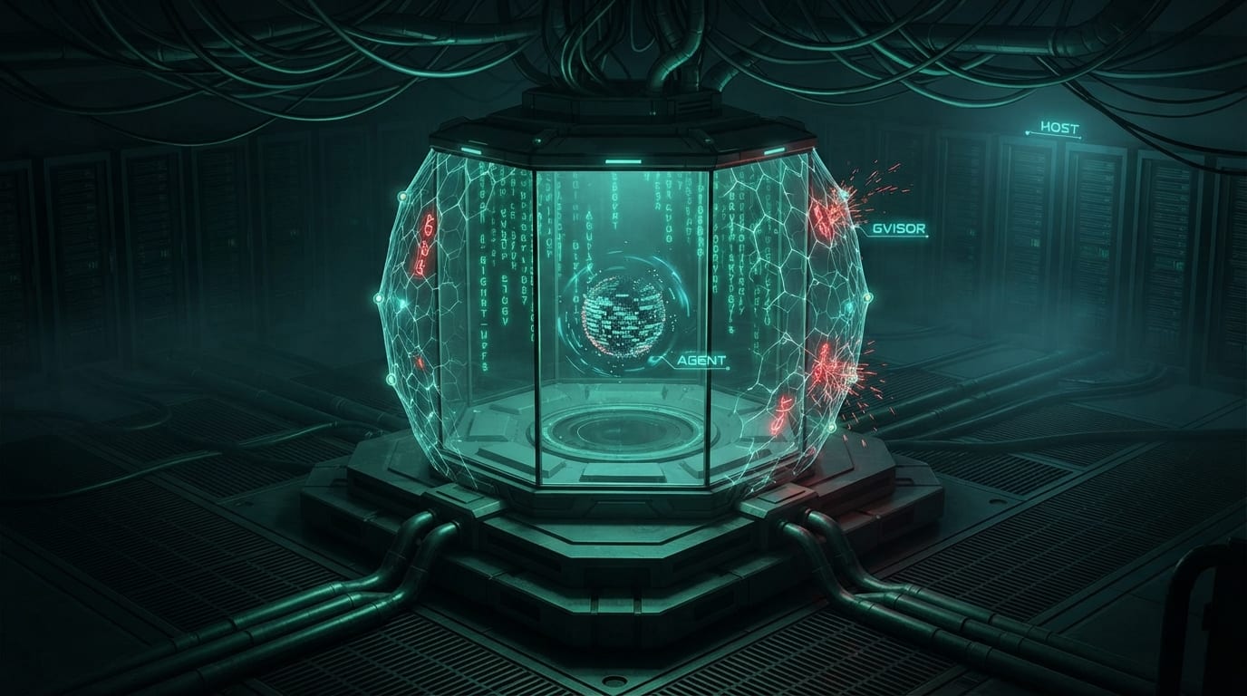 An AI agent contained in a hexagonal glass chamber, its gVisor honeycomb membrane intercepting system calls before they reach the host servers