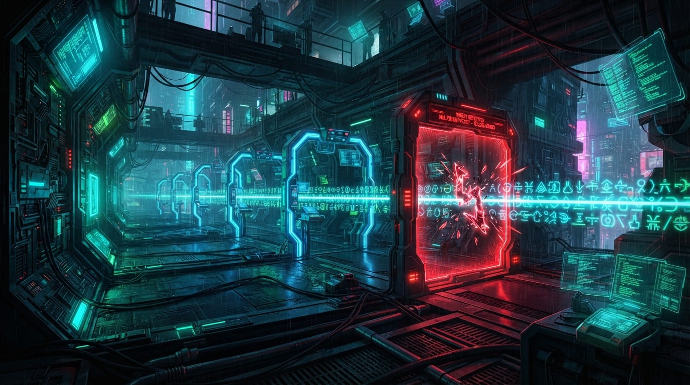 Commands passing through a corridor of safeguard gates, with one malicious command caught mid-flight