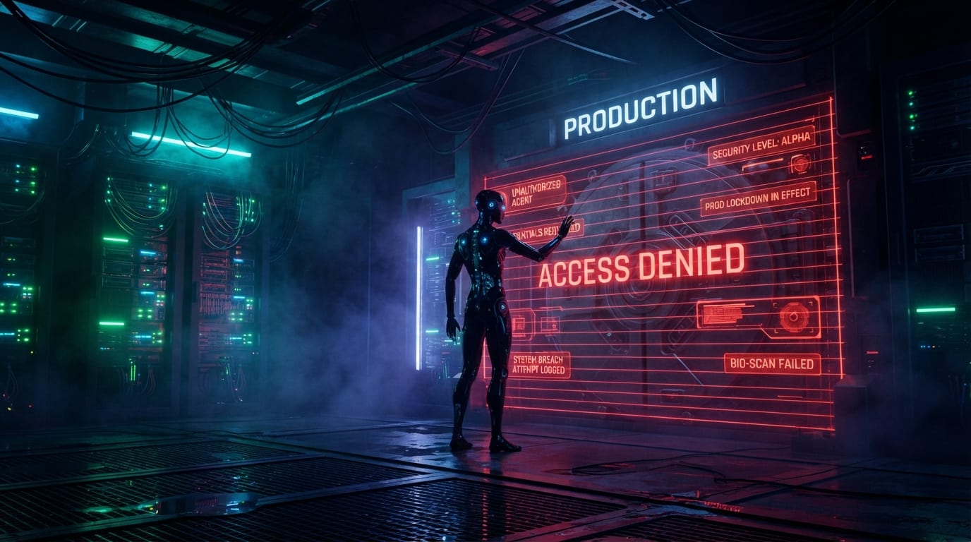 An AI agent blocked from a production vault by an access-denied barrier