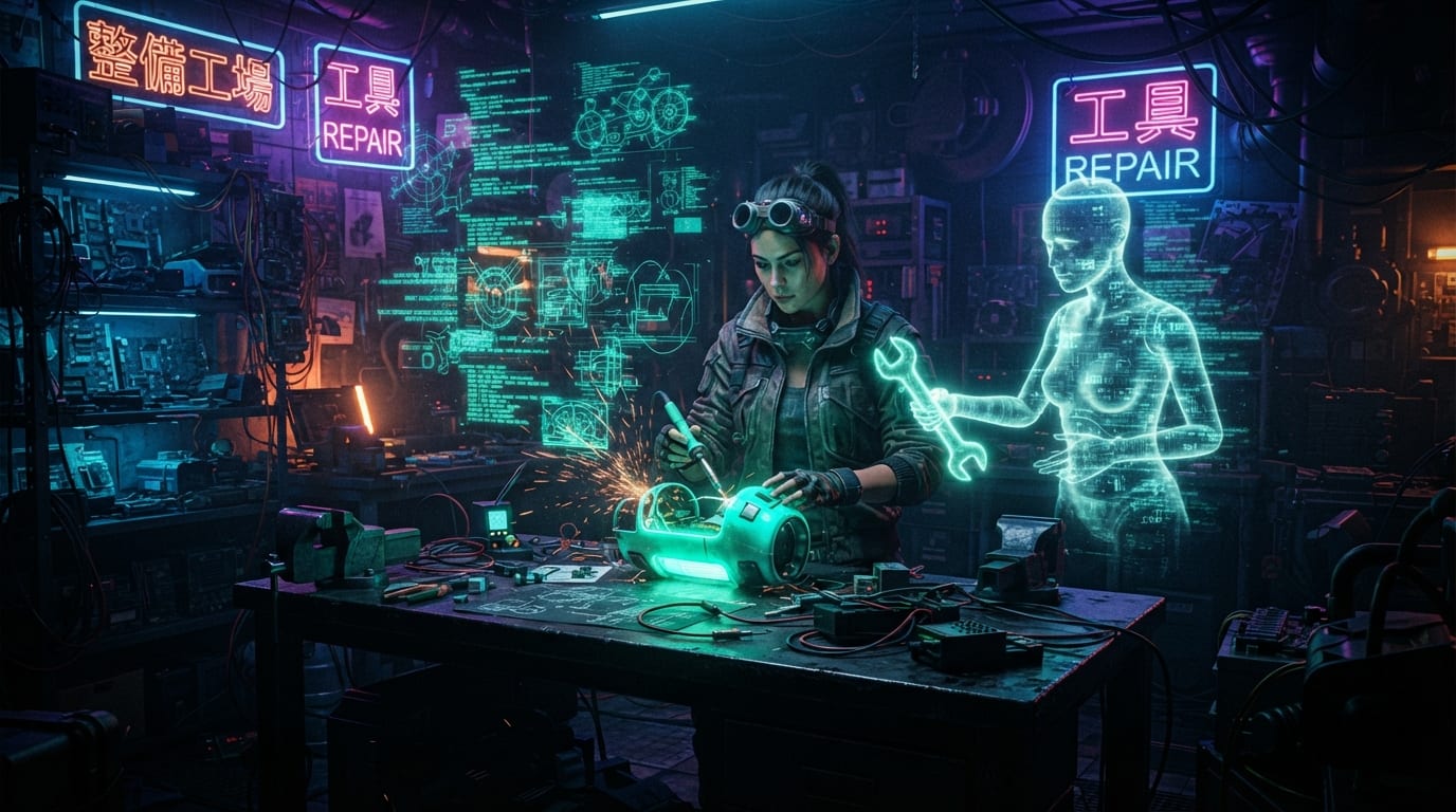 A lone toolmaker at a neon-lit workbench, guided by a holographic AI assistant