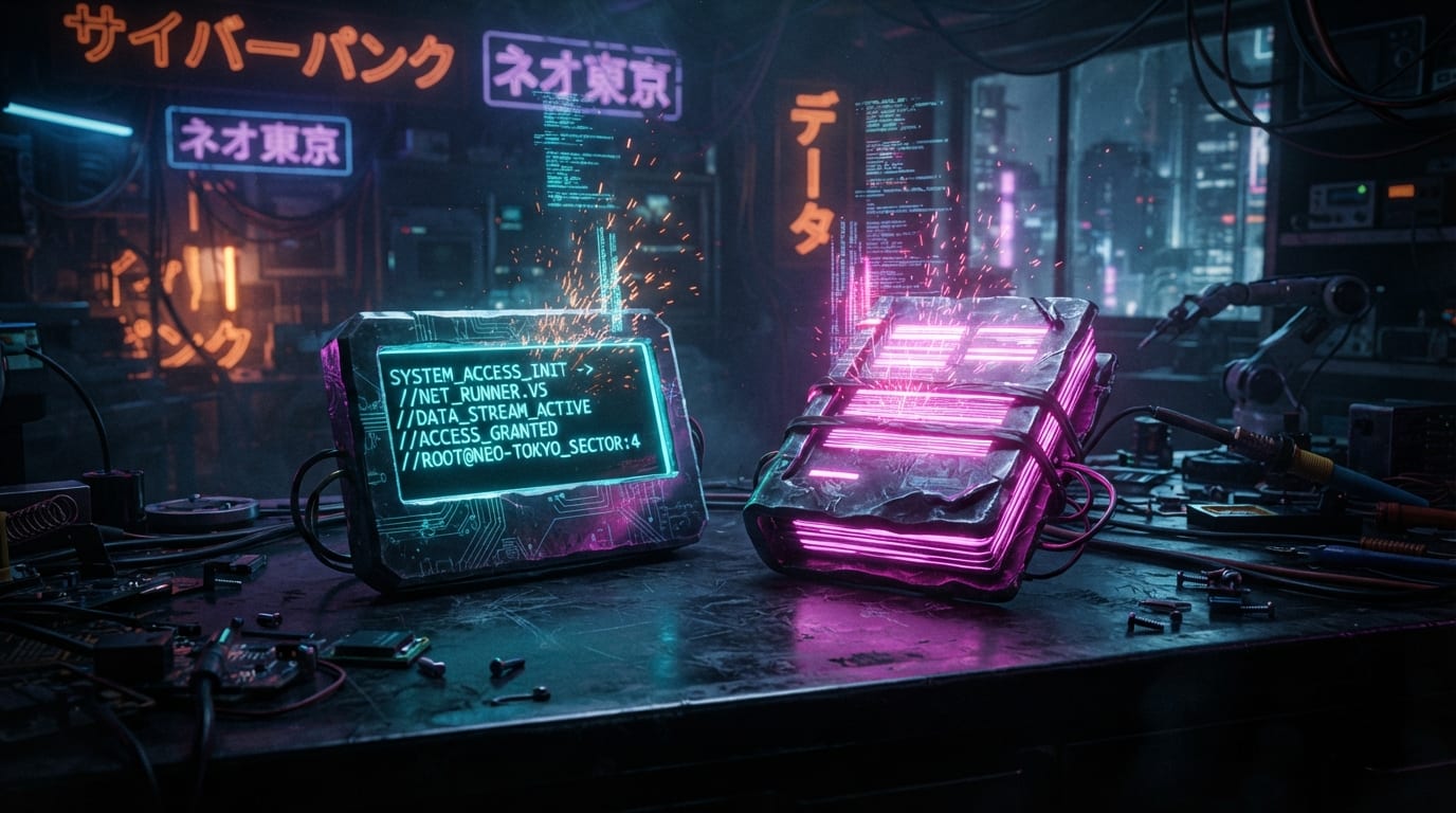 Two forged tools glowing on a workbench, a terminal window and a stack of documents