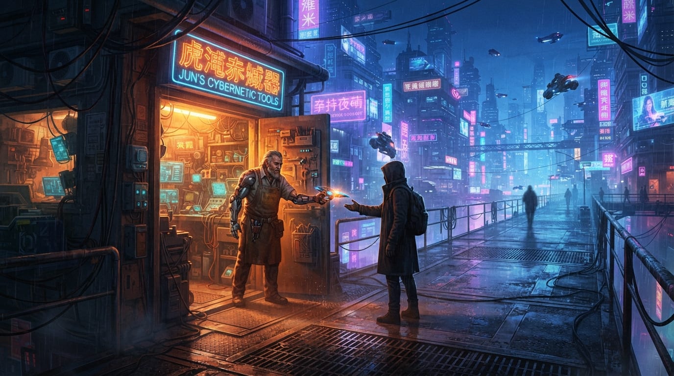 A toolmaker handing a glowing tool out to a distant figure, a neon city skyline stretching beyond the workshop
